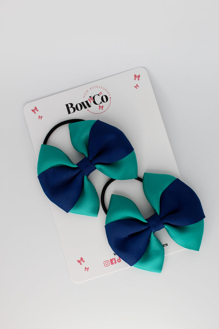 School Bows - Jade Green and Navy Blue - Round Tuxedo Bow Set - Elastic