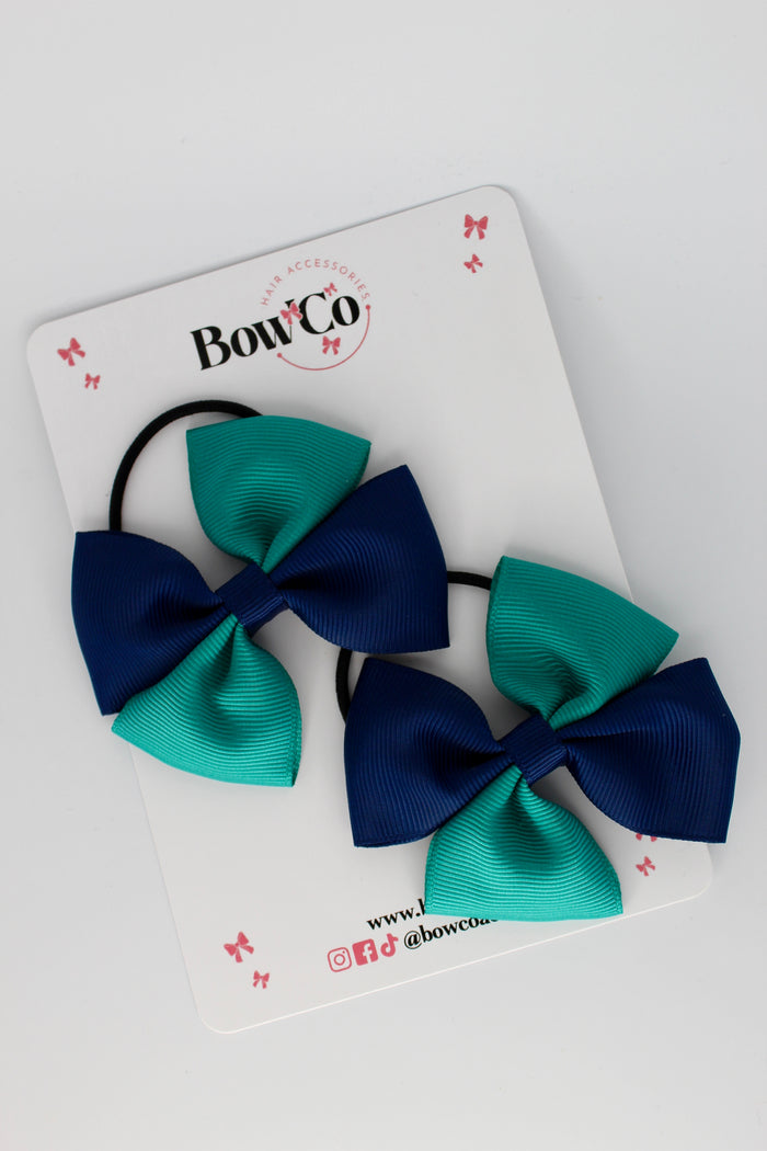 School Bows - Jade Green and Navy Blue - Twist Bow Set - Elastic