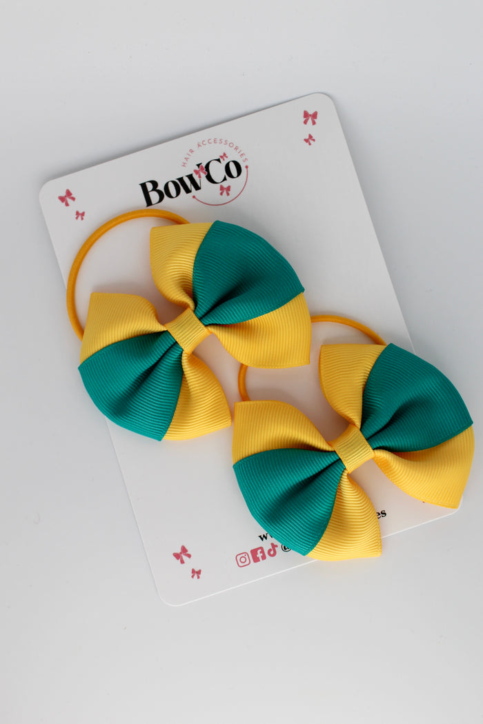 School Bows - Jade Green and Yellow Gold - Round Tuxedo Bow Set - Elastic