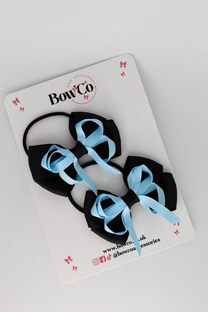 School Bows Black and Blue Topaz - Double Bow Set - Elastic