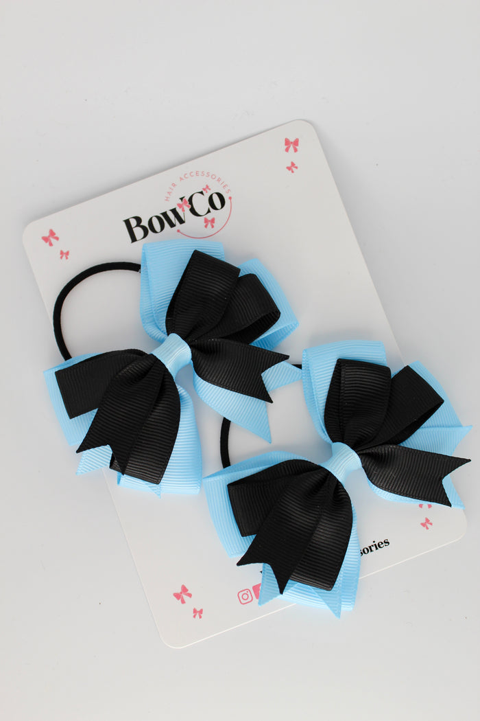 School Bows Black and Blue Topaz - Double Tail Bow Set - Elastic