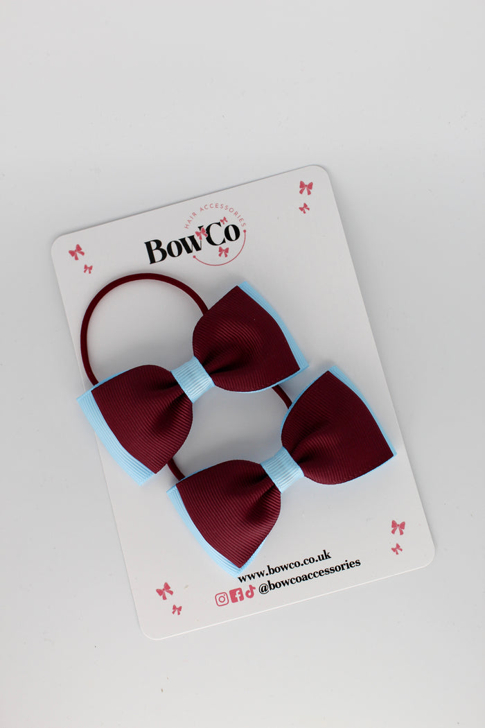 School Bows Burgundy and Blue Topaz - Double Lapel Bow Set - Elastic