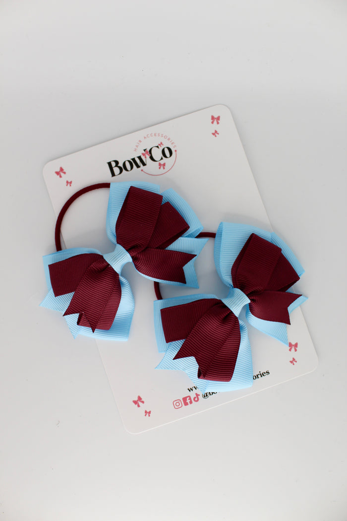 School Bows Burgundy and Blue Topaz - Double Tail Bow Set - Elastic