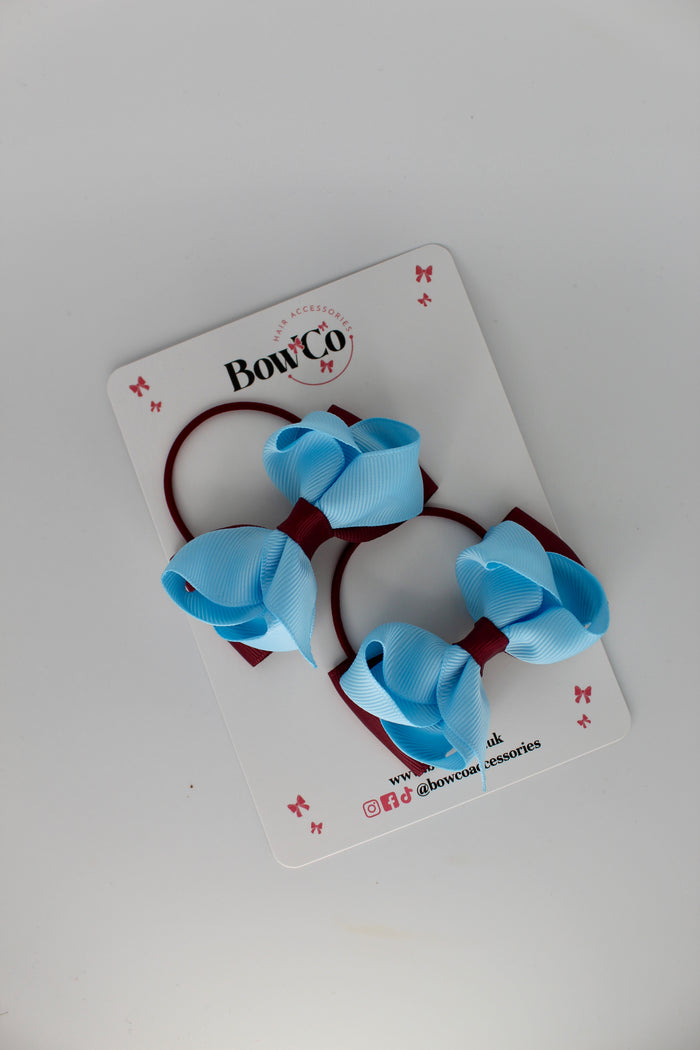 School Bows Burgundy and Blue Topaz - Pleated Bow Set - Elastic