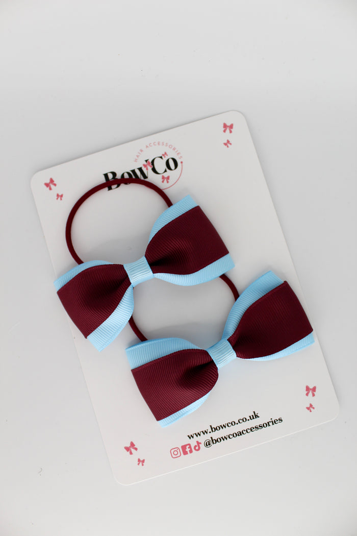 School Bows Burgundy and Blue Topaz - Tuxedo Bow Set - Elastic