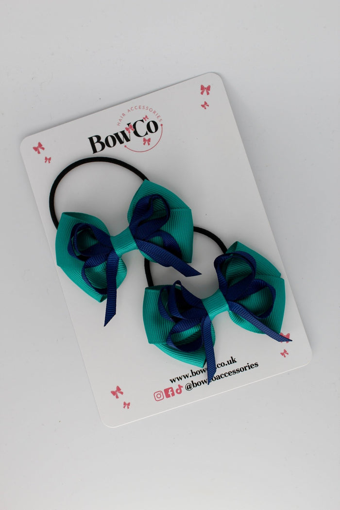 School Bows Jade Green and Navy Blue - Double Bow Set - Elastic