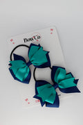 School Bows Jade Green and Navy Blue - Double Tail Bow Set - Elastic