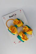 School Bows Jade Green and Yellow Gold - Pleated Bow Set - Elastic