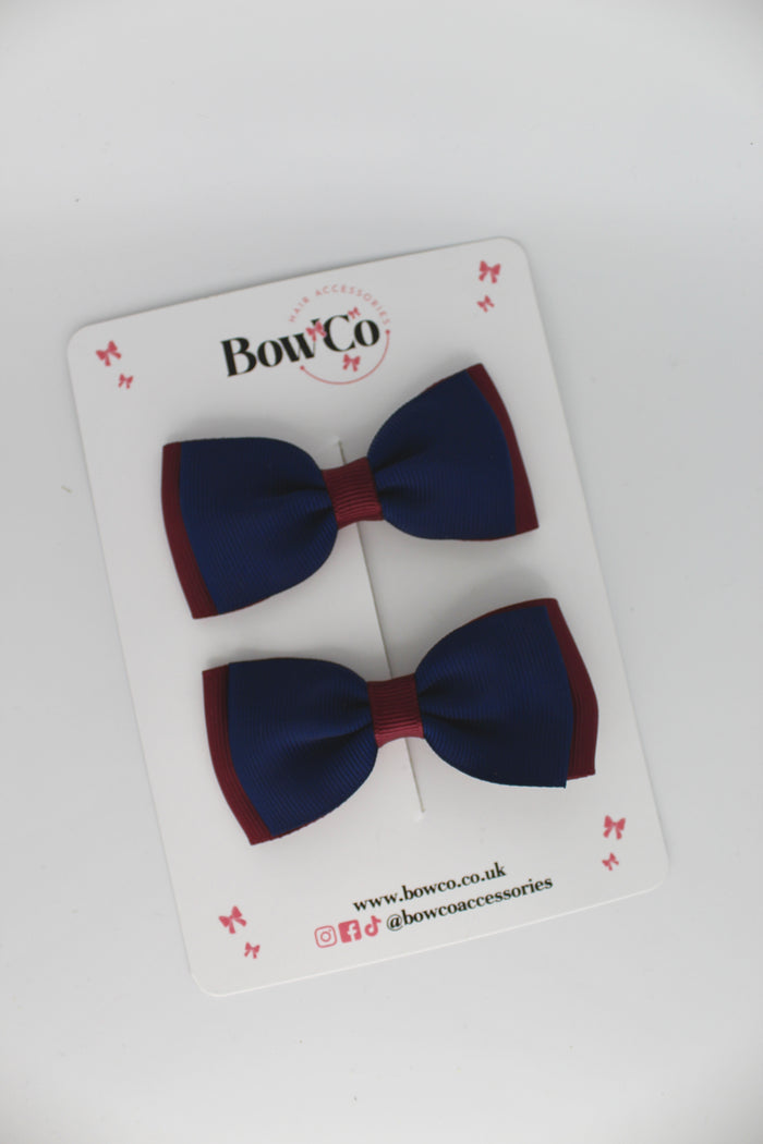 School Bows Navy Blue & Burgundy - Double Lapel Bow Set - Clip