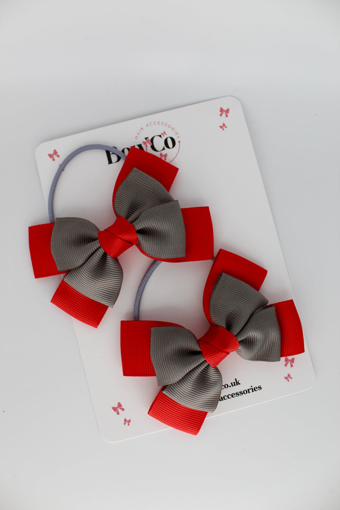 School Bows Red and Metal Grey - Layer Bow Set - Elastic