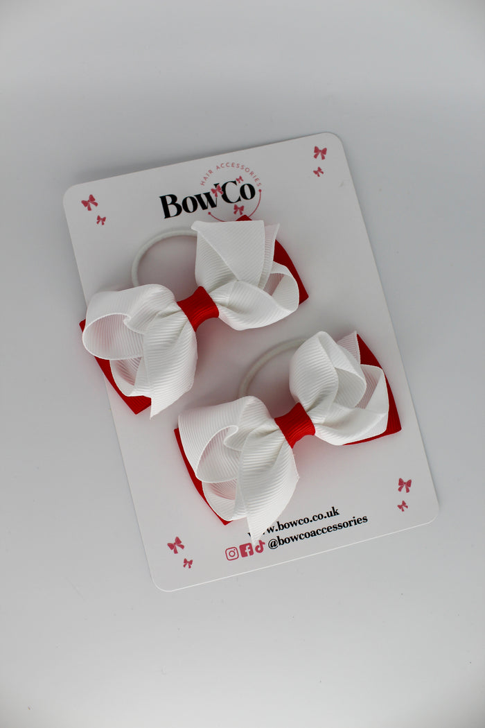 School Bows Red and White - Pleated Bow Set - Elastic