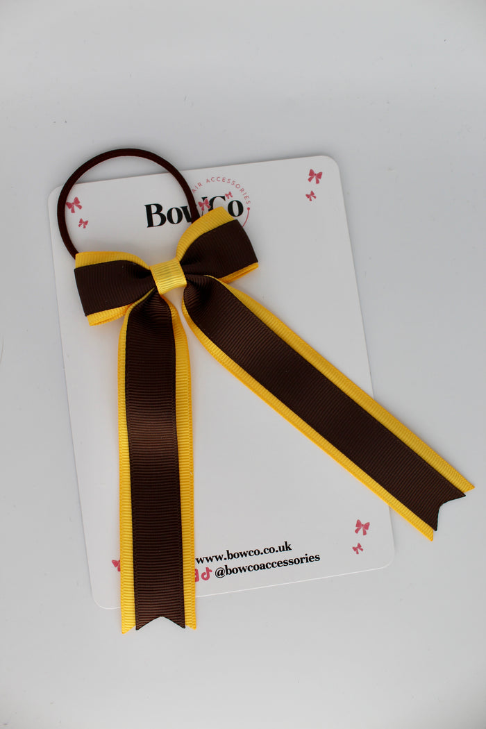 School Brown and Yellow Gold Bow - Tuxedo Tails Bow - Elastic