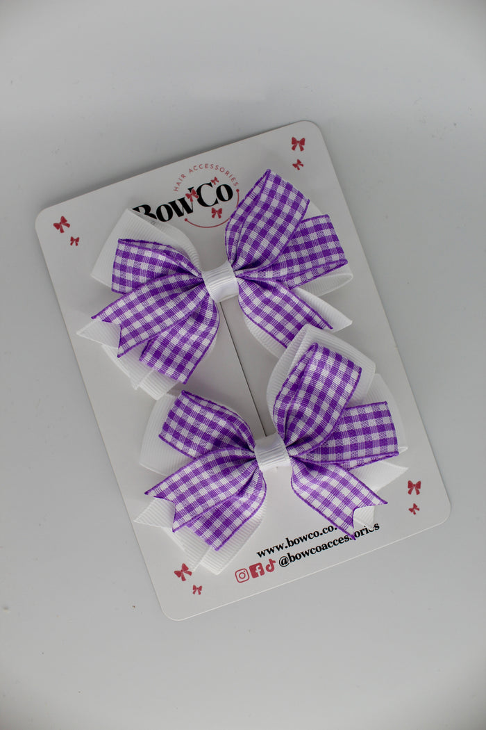 School Lilac Bow Gingham Double Tail Bow Set - Clip