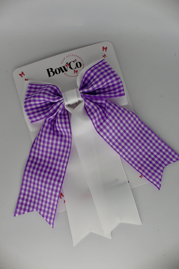 School Lilac Gingham Classic Tail Bow - Clip