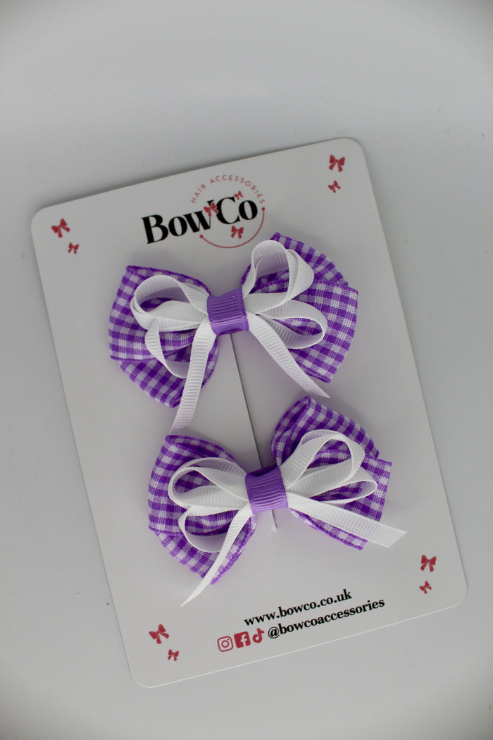 School Lilac Gingham Double Bow Set - Clip