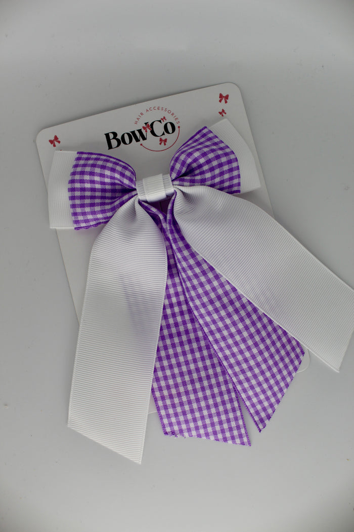 School Lilac Gingham Double Layer Tail Bow - Clip