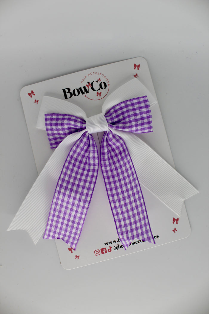 School Lilac Gingham Double Ribbon Tail Bow - Clip