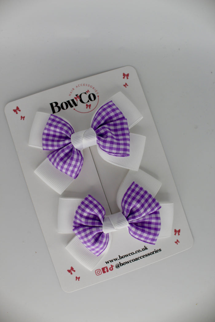 School Lilac Gingham Layer Bow Set - Clip