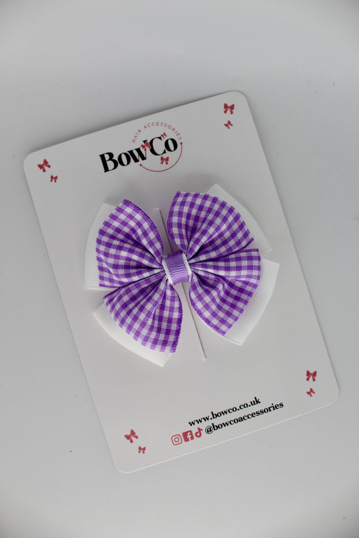 School Lilac Gingham Layer Edge Bow - Clip