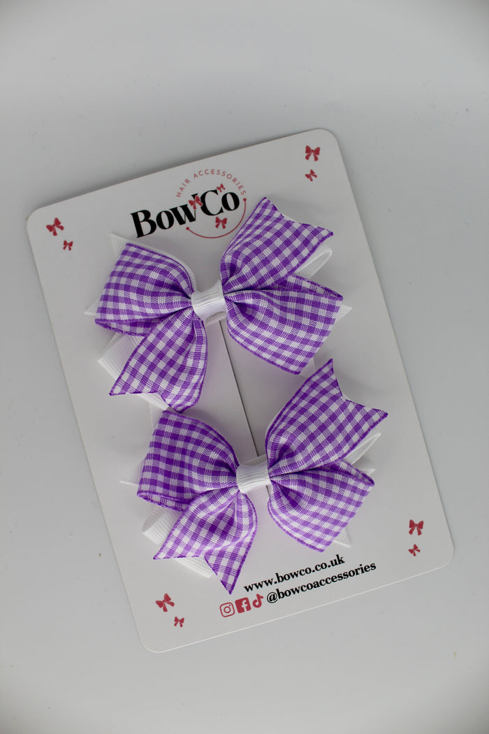 School Lilac Gingham Layer Tail Bow Set - Clip