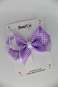 School Lilac Gingham Loop Bow - Clip