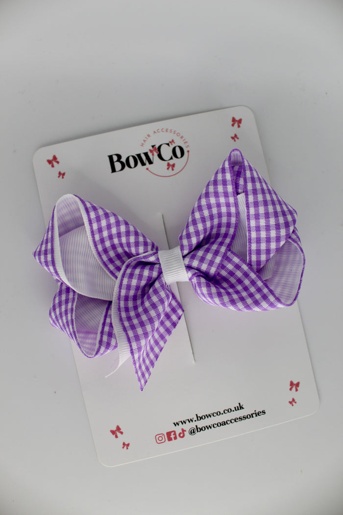 School Lilac Gingham Loop Bow - Clip