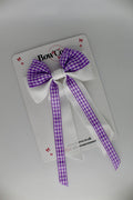 School Lilac Gingham Streamer Tail Bow - Clip