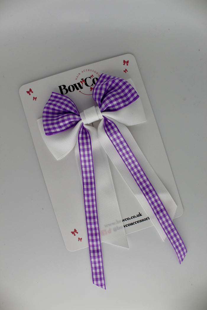 School Lilac Gingham Streamer Tail Bow - Clip