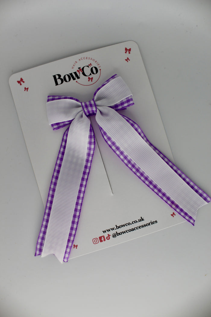 School Lilac Gingham Tuxedo Tail Bow - Clip