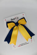 School Navy Blue and Yellow Gold Double Ribbon Tail Bow – Clip