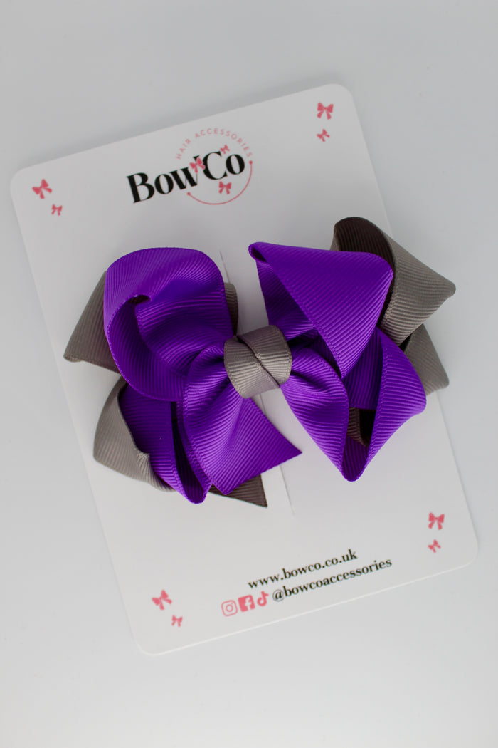 School Purple and Grey Double Loop Bow - Clip