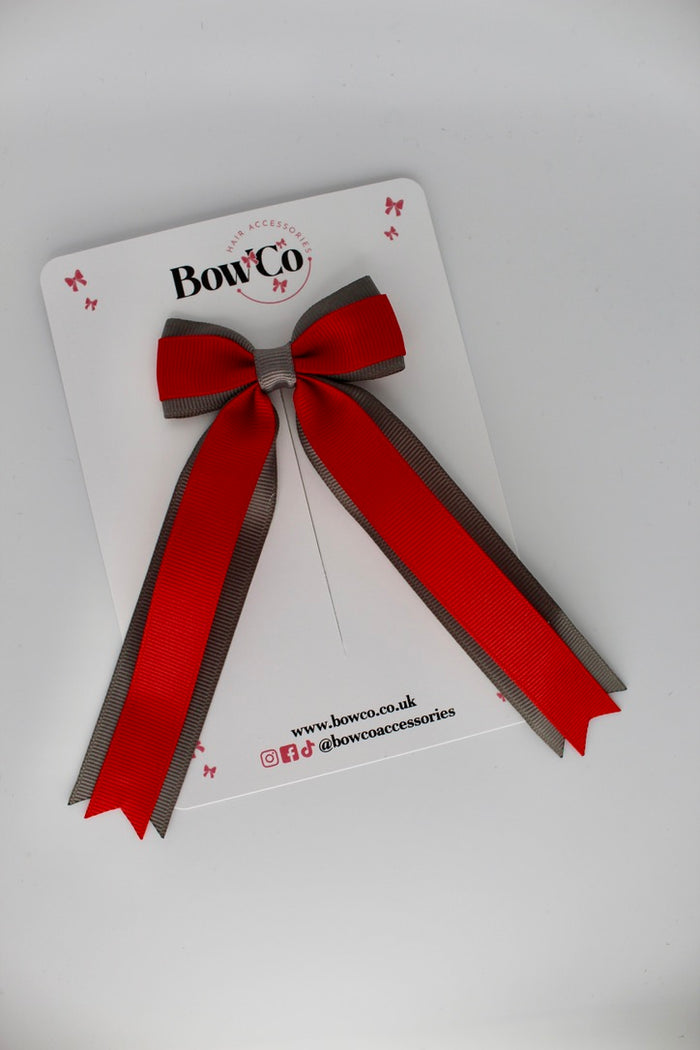 School Red and Grey Tuxedo Tails Bow – Clip