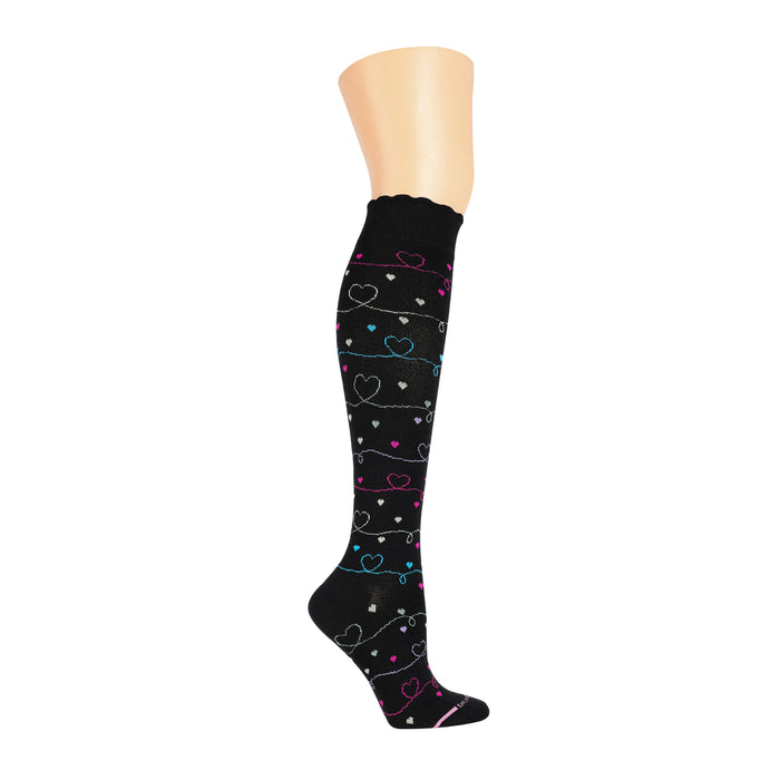 Knee-high black compression socks with colorful heart patterns and a scalloped top.