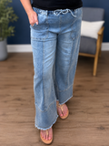 Seam Detail Raw Hem Wide Leg Denim Pants