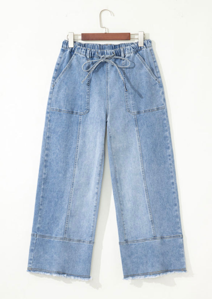 Seam Detail Raw Hem Wide Leg Denim Pants