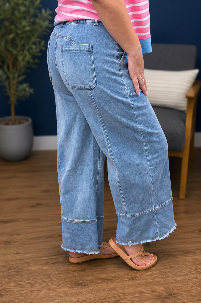 Seam Detail Raw Hem Wide Leg Denim Pants