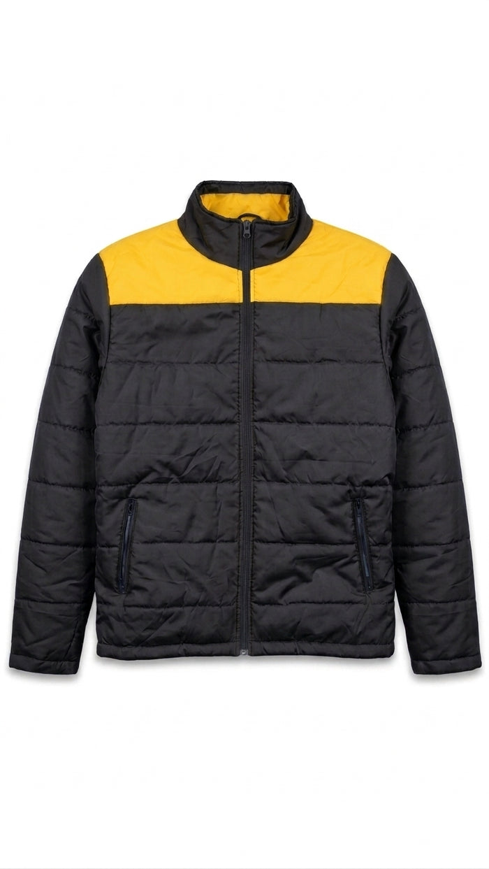 A black and yellow color-blocked puffer jacket with a full-zip front, stand-up collar, and zippered hand pockets, shown against a plain white background.