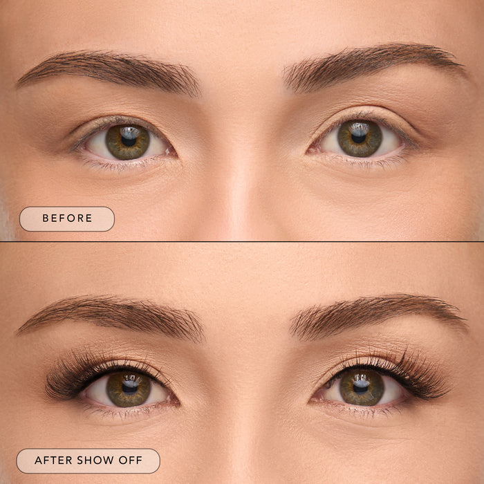Before and after of a model wearing Show Off lashes.