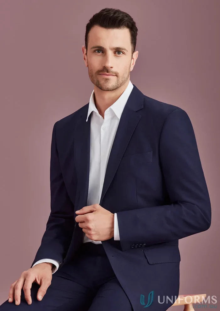 Men’s Siena navy blue suit jacket with non-functional sleeve buttons and stylish design