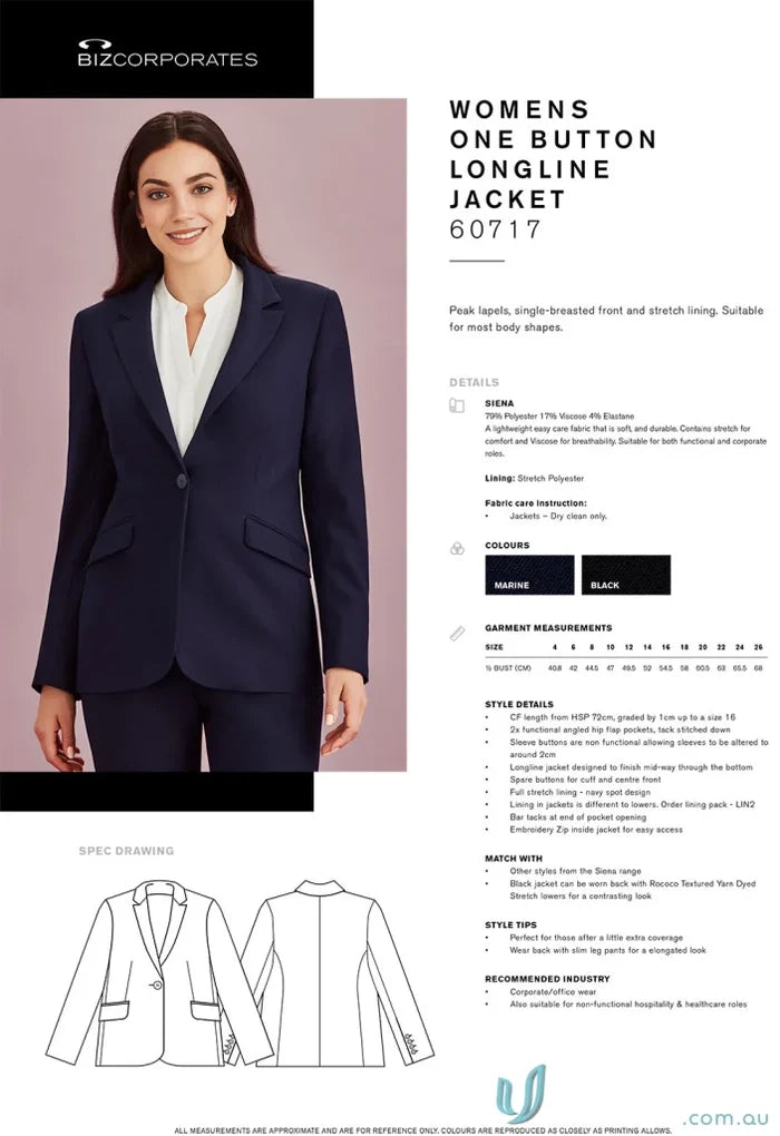 Women’s Siena Longline Jacket showcasing stylish one-button design from Biz Collection Siena