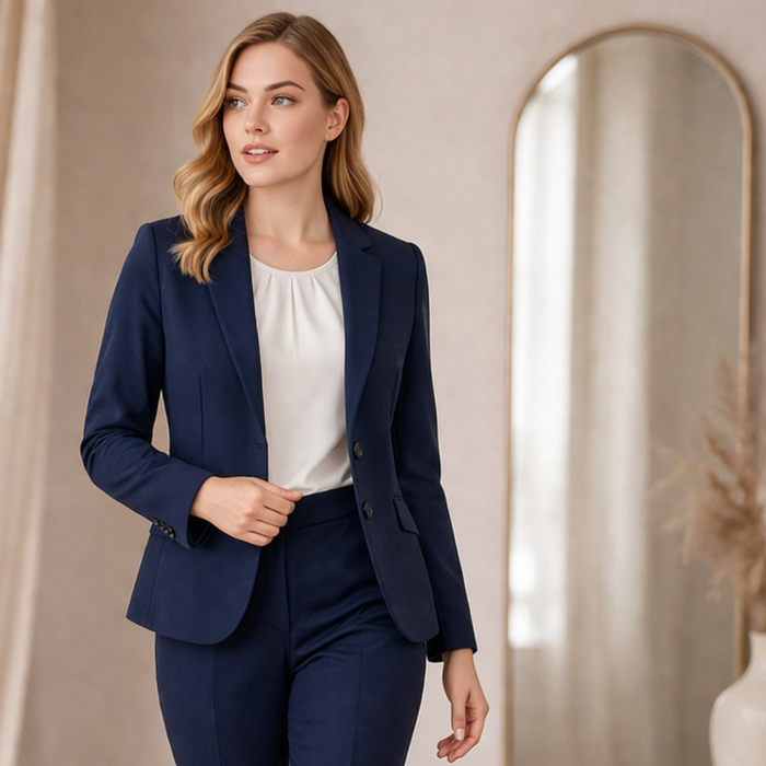 Navy blue tailored siena mid length jacket with notched lapels and two front buttons perfect for work uniforms and workwear