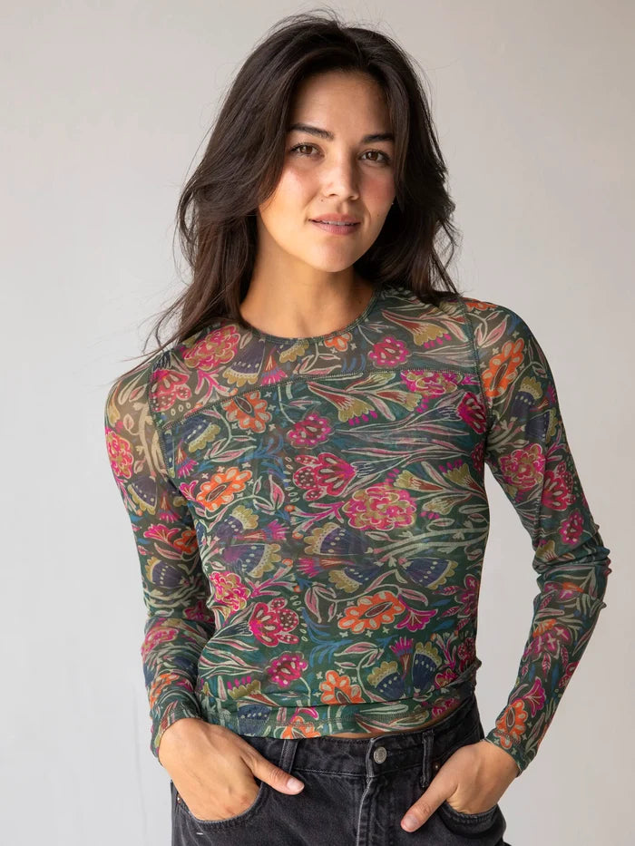 Sloane Mesh Long Sleeve Top - Green Painterly Vines-view 1