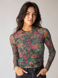 Sloane Mesh Long Sleeve Top - Green Painterly Vines-view 1