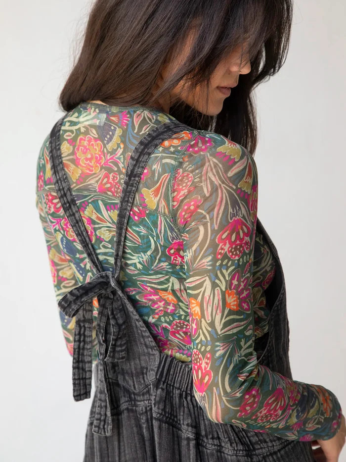 Sloane Mesh Long Sleeve Top - Green Painterly Vines-view 2