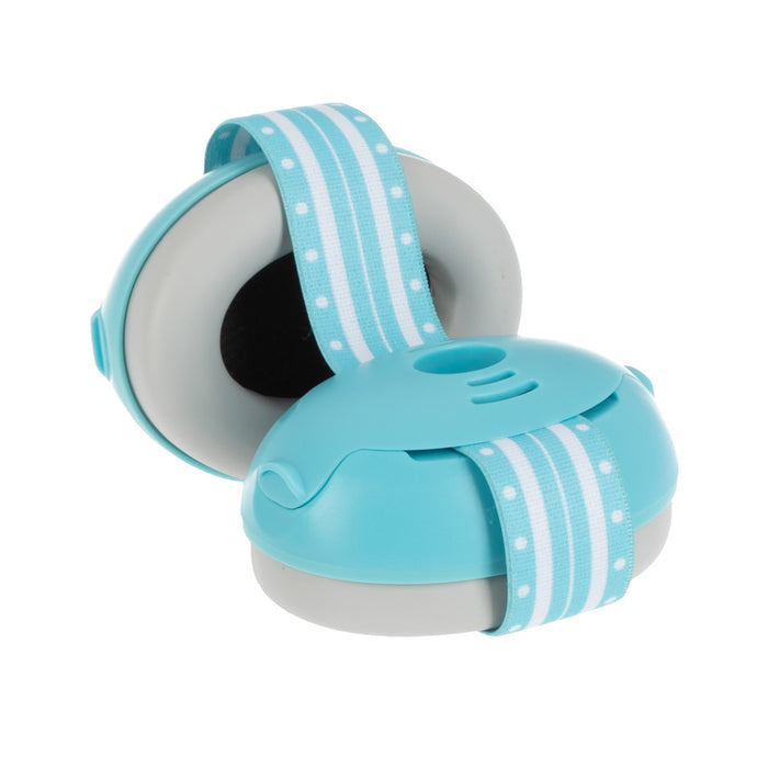 Soft Sounds Baby Earmuffs | Blue: Blue and gray baby earmuffs with a white and blue striped adjustable headband, designed for hearing protection.