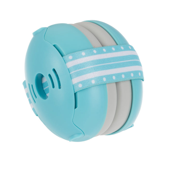 Soft Sounds Baby Earmuffs | Blue: Round turquoise and gray plastic earmuffs with a white and blue striped adjustable headband, designed to protect babies' ears from loud noises.
