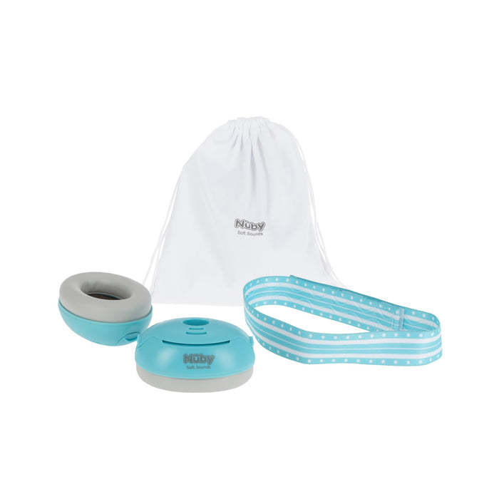 Soft Sounds Baby Earmuffs in blue with adjustable headband and white drawstring storage bag, shown on a white background.