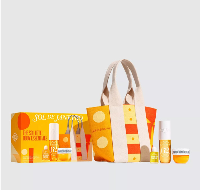 Sol de Janeiro Sol Tote & Body Essentials gift set with bath and body products, featuring bright packaging and tropical scents.