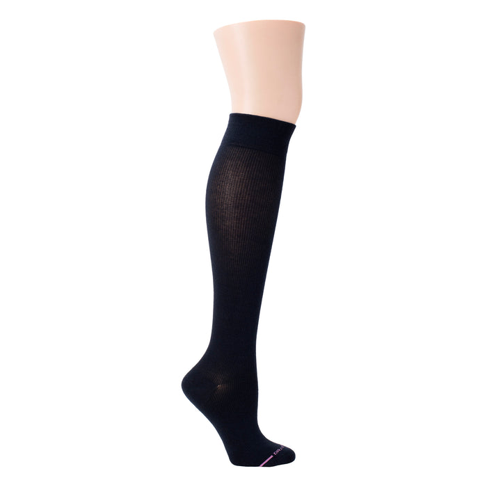 Knee-high compression socks in solid black cotton blend with a ribbed texture and reinforced cuff.