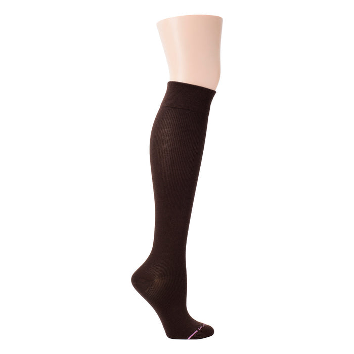 Knee-high compression socks in a solid dark brown color with a ribbed texture.